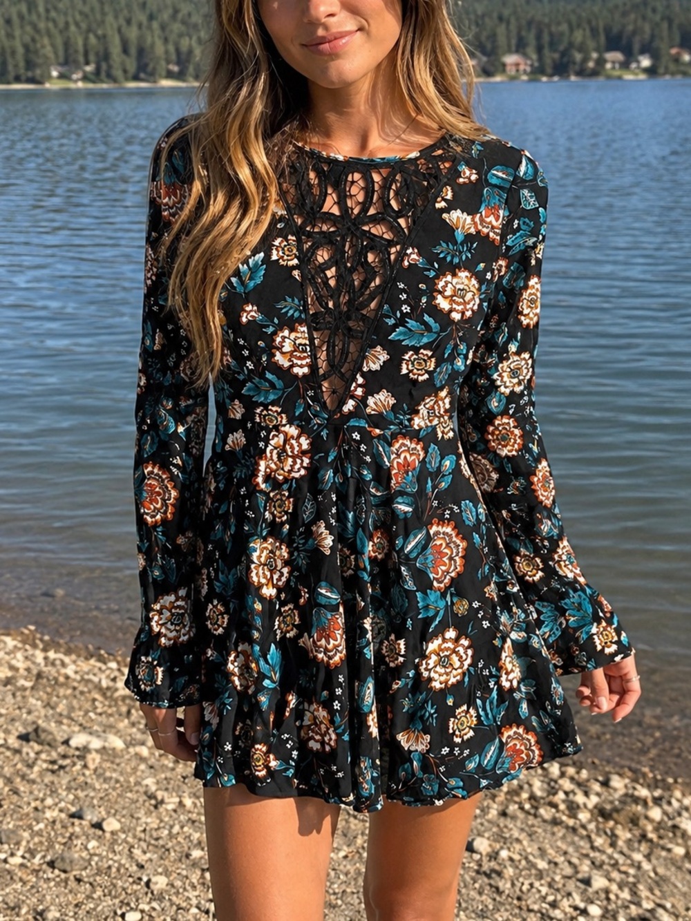 Forever 21 Black Floral Lace-Front Long-Sleeve Mini Dress